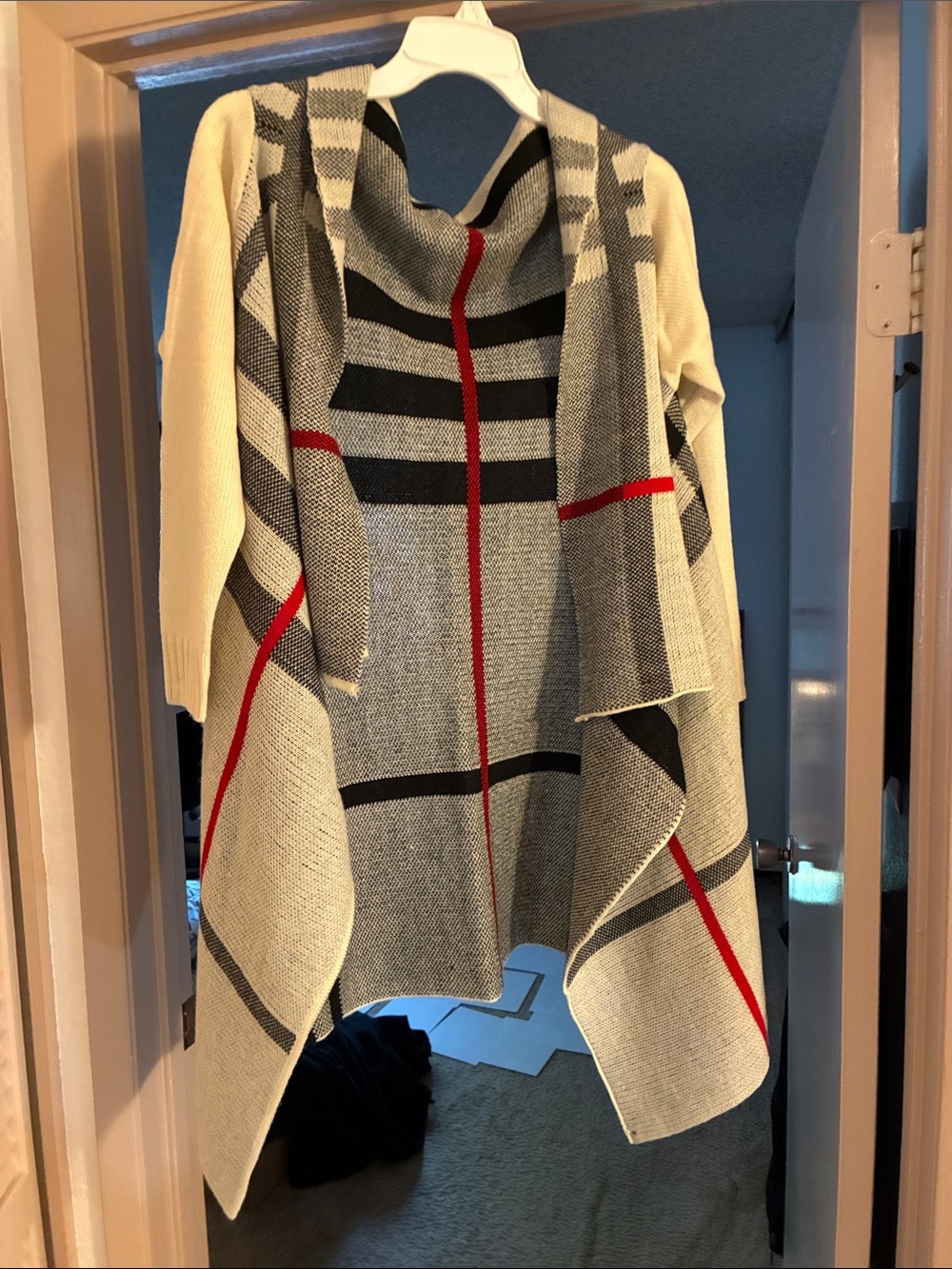 Open Front Knit Cardigan with Red Stripe Detail